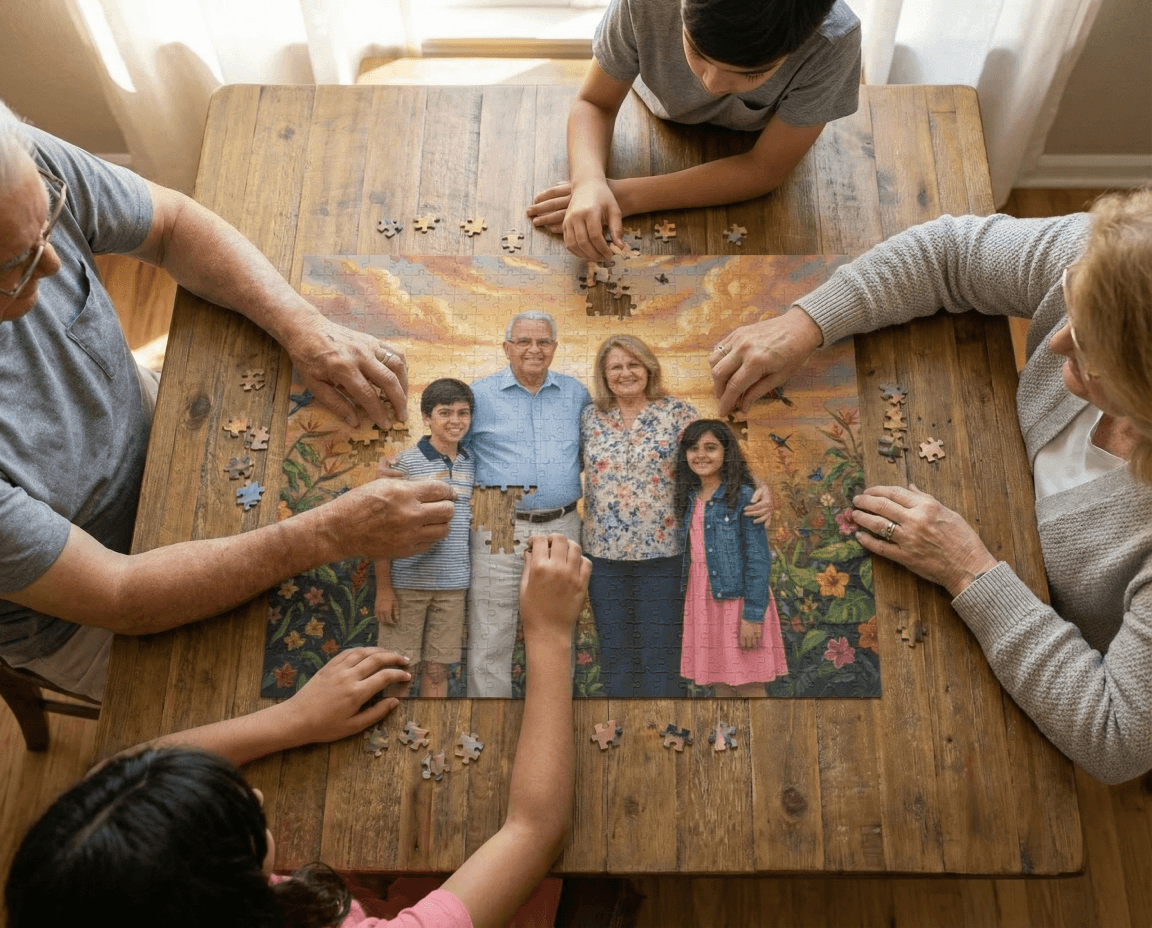 Family gathering around a puzzle at the table